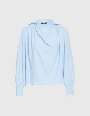 Plunging Collar Waistband Flowy Blue Blouse