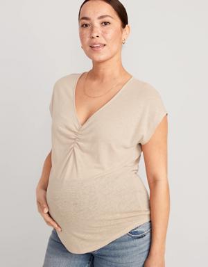 Maternity Linen-Blend V-Neck Shirred T-Shirt beige