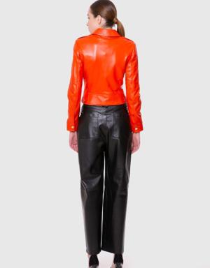 Double Breasted Closure Orange Short Leather Jacket