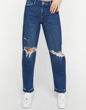 Forever 21 Recycled Cotton Distressed Straight Leg Jeans Dark Denim