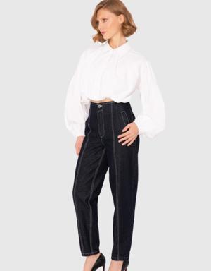 Jean Contrast Stitched Wide Leg Blue Trousers