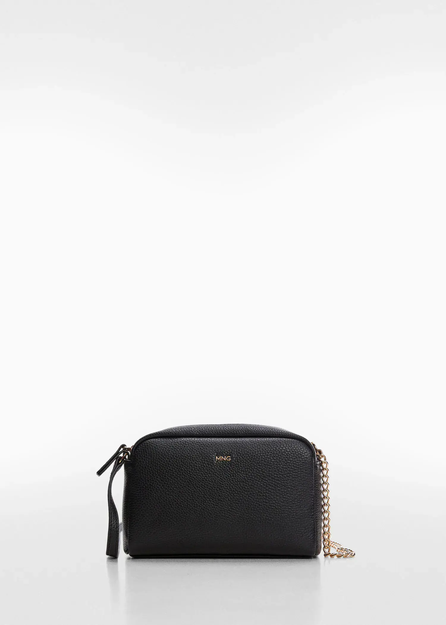 Mango Crossbody bag with chain. a black bag is shown on a white background. 