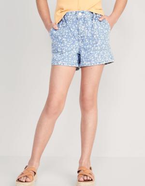 Elasticized Waist Printed Workwear Non-Stretch Jean Shorts for Girls blue
