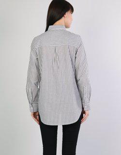 Çizgili Cepli Yazı Detaylı Regular Fit Kadın Antrasit Uzun Kol Gömlek