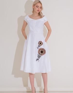 Applique Floral Embroidery Calf Length Ecru Dress