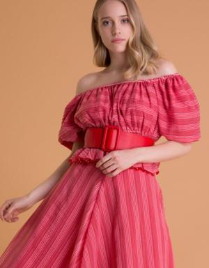 Open Shoulder Balloon Sleeve Striped Red Blouse