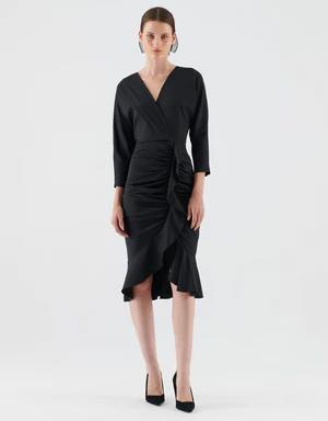 V- neck Asymmetrical Black Cocktail Dress