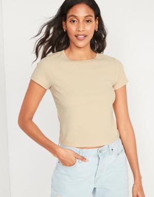 Fitted Short-Sleeve Cropped Rib-Knit T-Shirt for Women beige