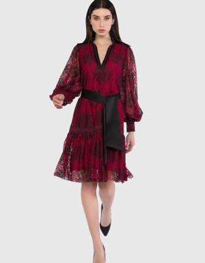 Ribbon Detailed Belted Lace Red Dress