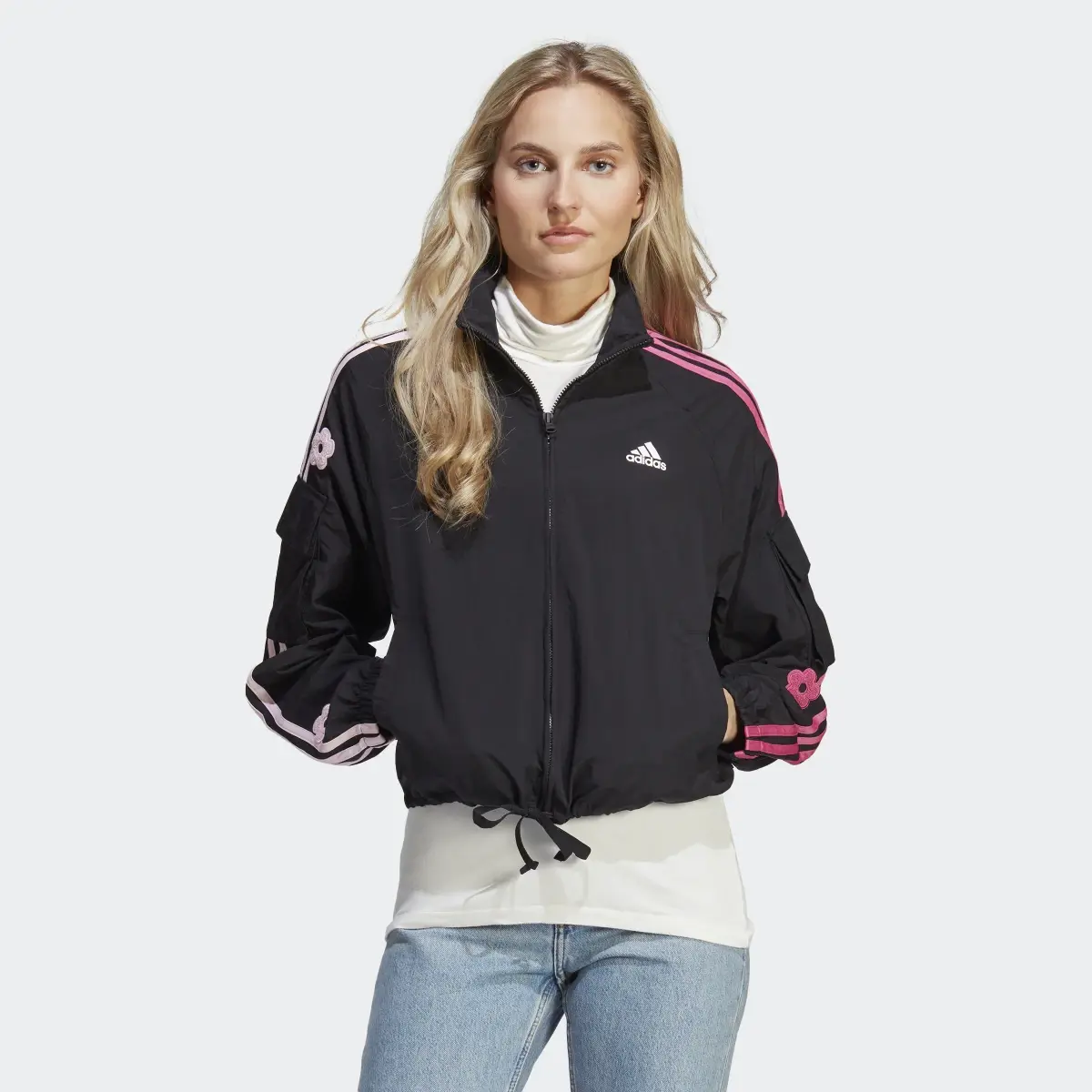 Adidas 3-Stripes Lightweight Jacket with Chenille Flower Patches. 2