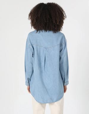 Oversize Fit Klasik Yaka Kadın Mavi Uzun Kol Gömlek