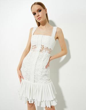 Dantelli Bridal Elbise Askılı Kare Yaka Katlı