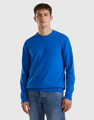 cornflower blue crew neck sweater in pure merino wool