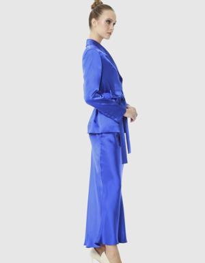 Shiny Blue Satin Suit With A Belted Blazer Jacket And A Verev Maxi Skirt