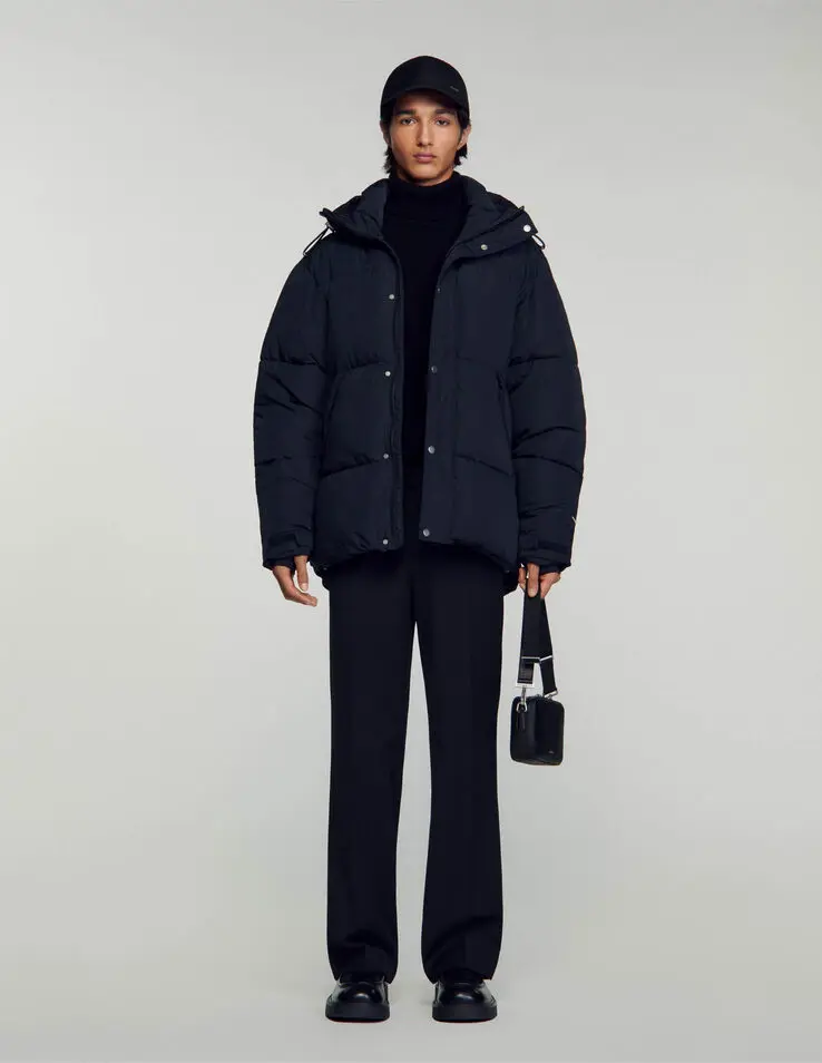 Sandro 3/4-length hooded puffer jacket. 1