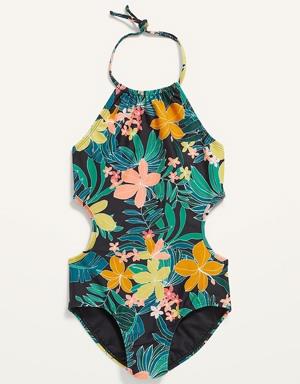 Printed Halter Side-Cutout One-Piece Swimsuit for Girls