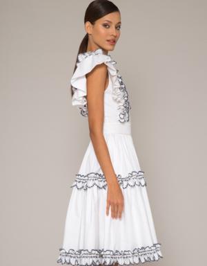 Contrast Embroidered Ruffle Pleated Mini Length White Dress