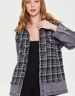 Forever 21 Denim Tweed Button Front Jacket Black/White