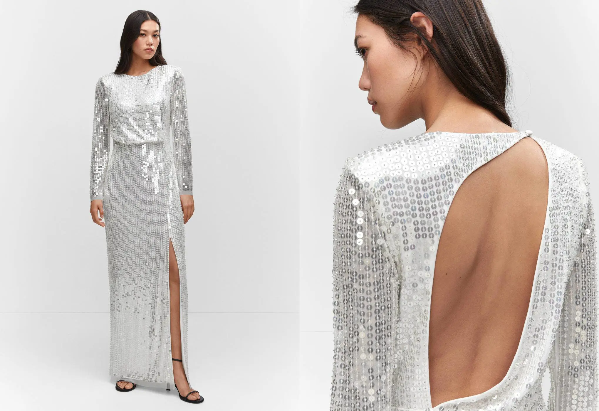 Mango Side slit sequined gown. a woman wearing a white dress with long sleeves. 