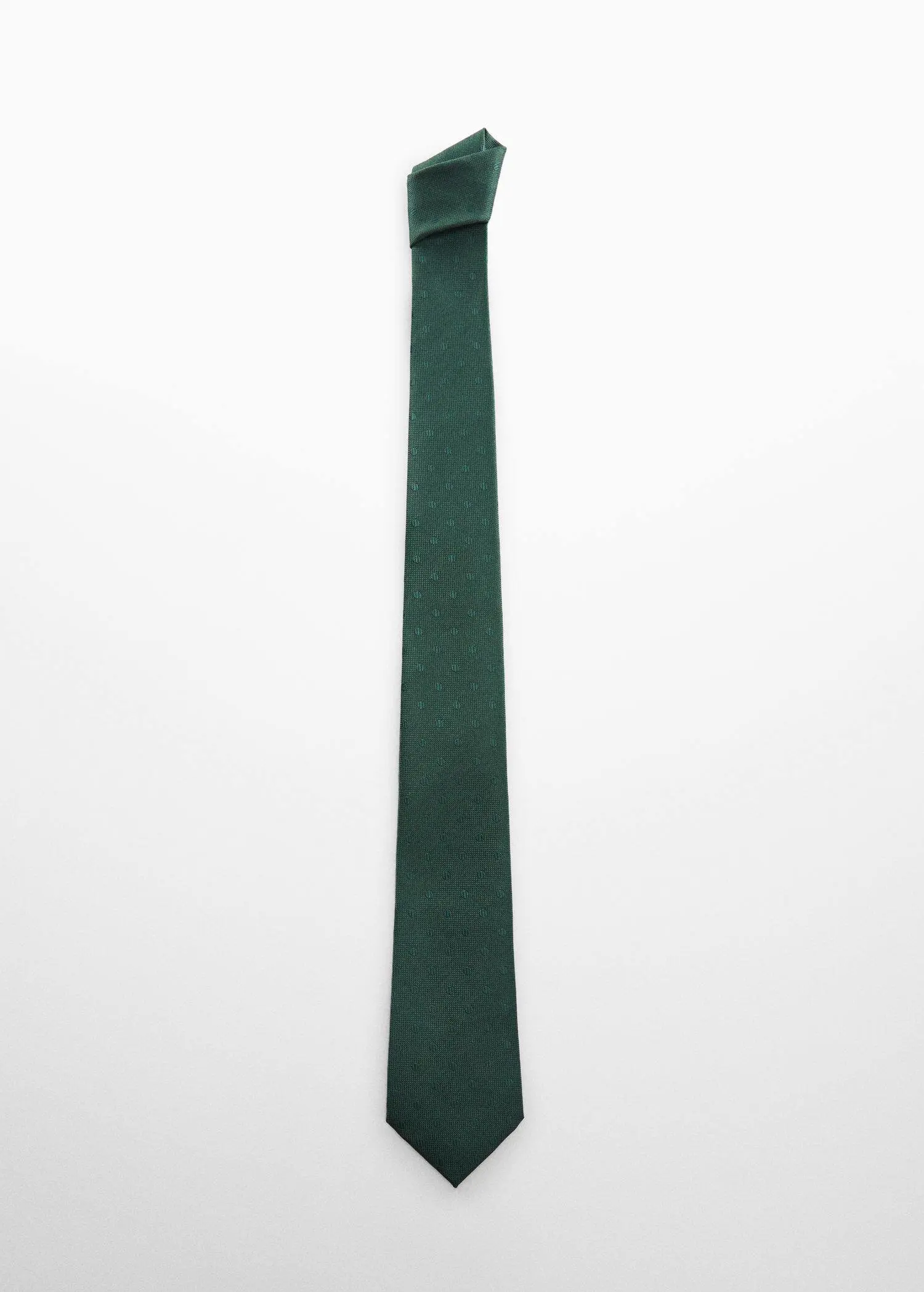 Mango Micro-print tie. a dark green neck tie on a white background. 