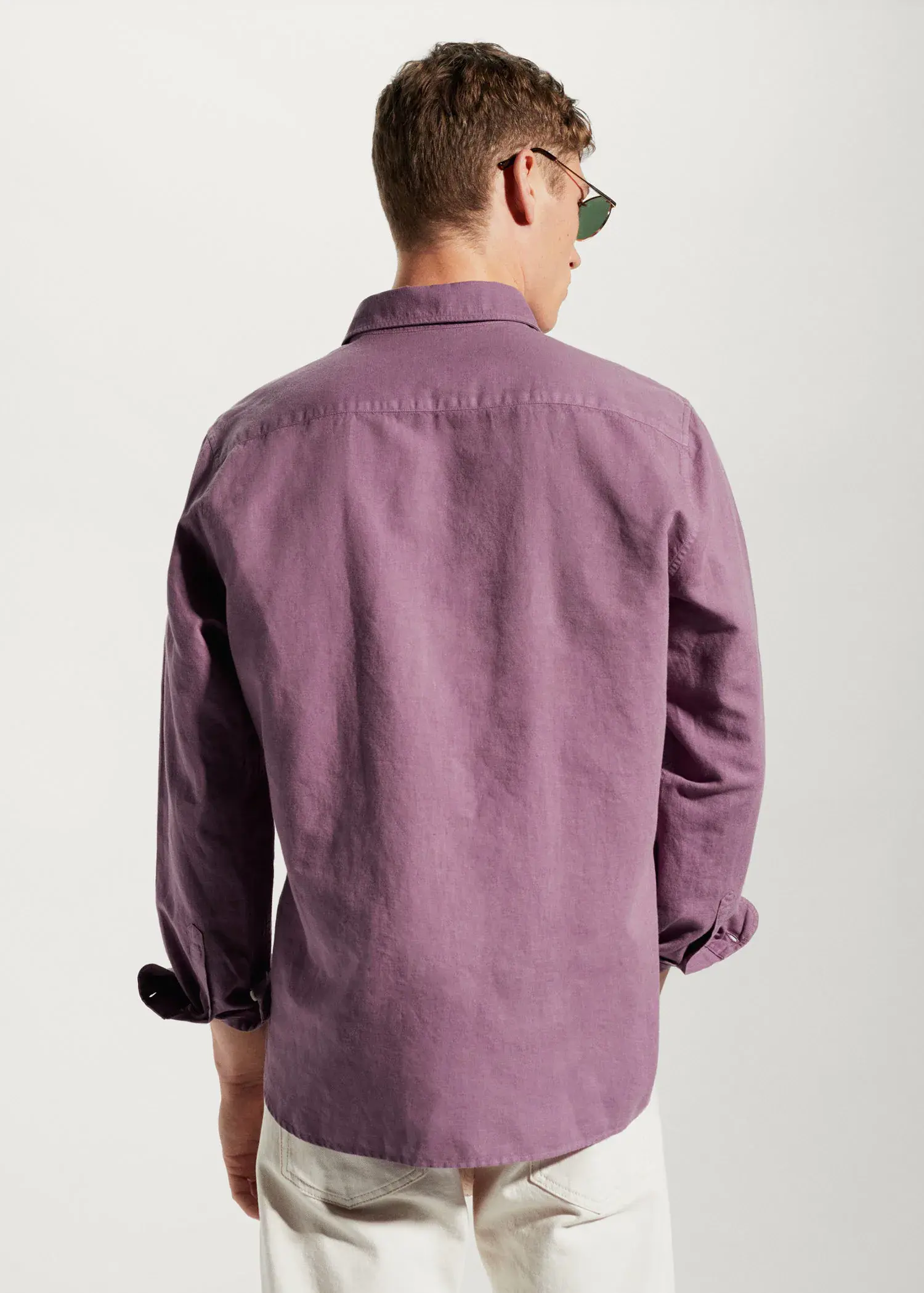 Mango Regular-fit linen cotton shirt. a man wearing a purple shirt and sunglasses. 