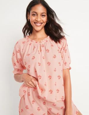 Puff-Sleeve Floral Swing Pajama Top for Women pink