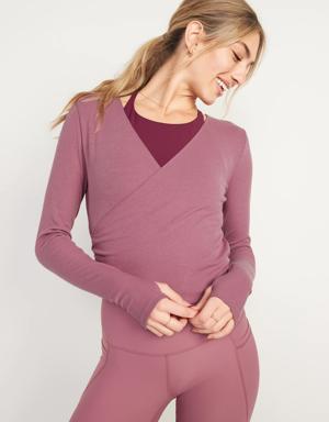 Reversible Long-Sleeve UltraLite Cropped Wrap-Effect Back Top for Women pink