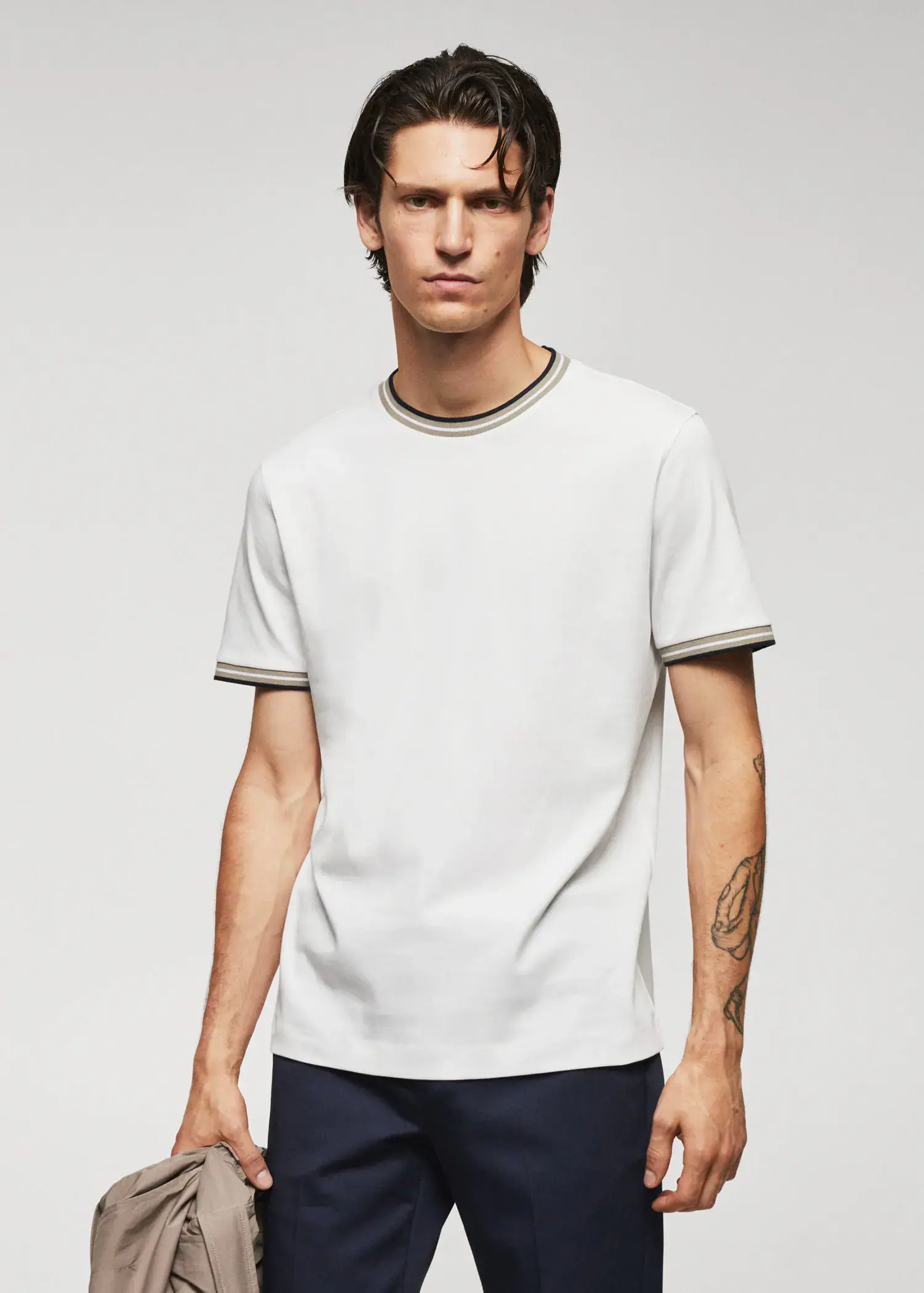 Mango 100% cotton t-shirt with contrast piping. a man wearing a white t-shirt and a tattoo. 