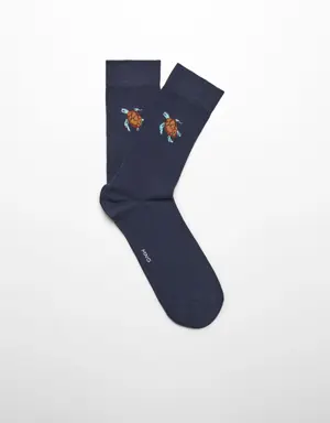 Hayvan deseni işlemeli pamuklu çorap