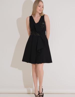 Stone Embroidery And Bow Detailed Black Mini Dress