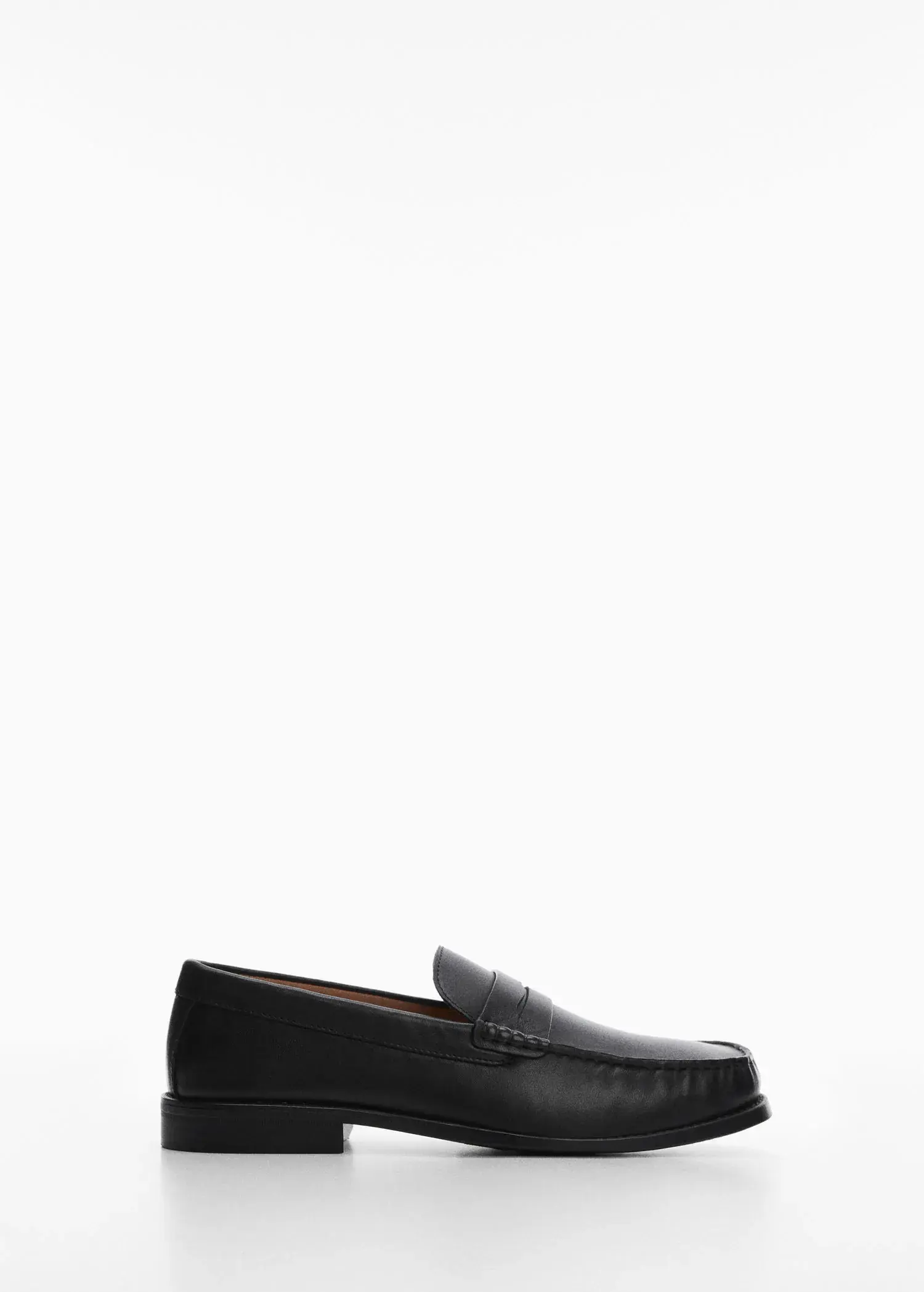 Mango Leather penny loafers. a black loafer is shown against a white background. 