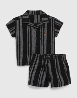 Baby Linen-Cotton Stripe Outfit Set black