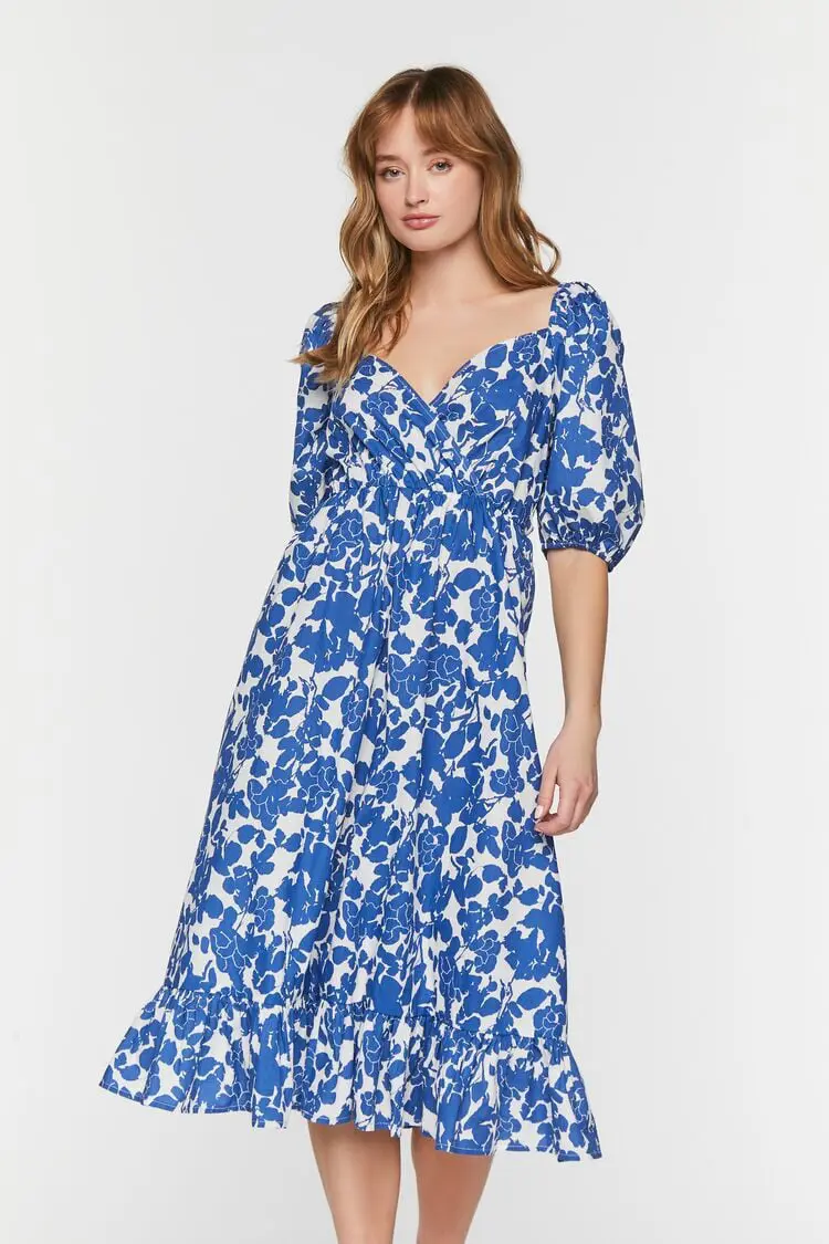 Forever 21 Forever 21 Floral Puff Sleeve Midi Dress Blue/White. 1