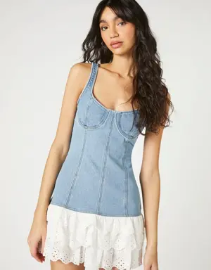 Forever 21 Denim Lace Tiered Mini Dress Light Denim