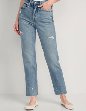 Extra High-Waisted Button-Fly Cut-Off Straight Jeans blue