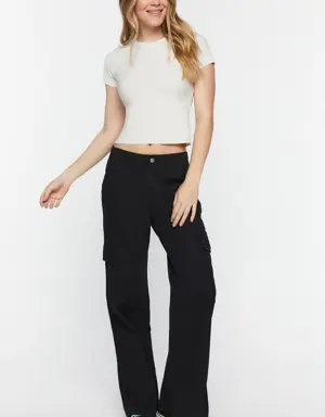 Forever 21 Twill Mid Rise Cargo Pants Black