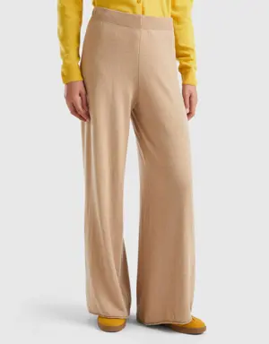 beige wide leg trousers in cashmere and wool blend