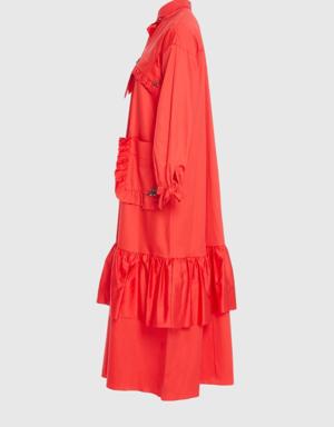 Embroidered Detailed Skirt Tiered Long Red Poplin Dress