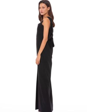 Back Bow Detailed Long Black Evening Dress with Thick Straps