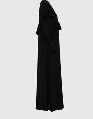 Long Black Dress With Ruffled Sleeves