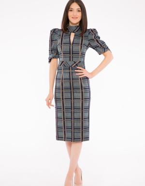 Plaid Fabric, Standing Collar, Double Sleeve Detailed Midi Length Pencil Dress