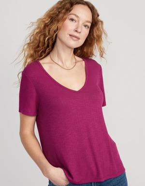 Luxe V-Neck Ribbed Slub-Knit T-Shirt for Women red