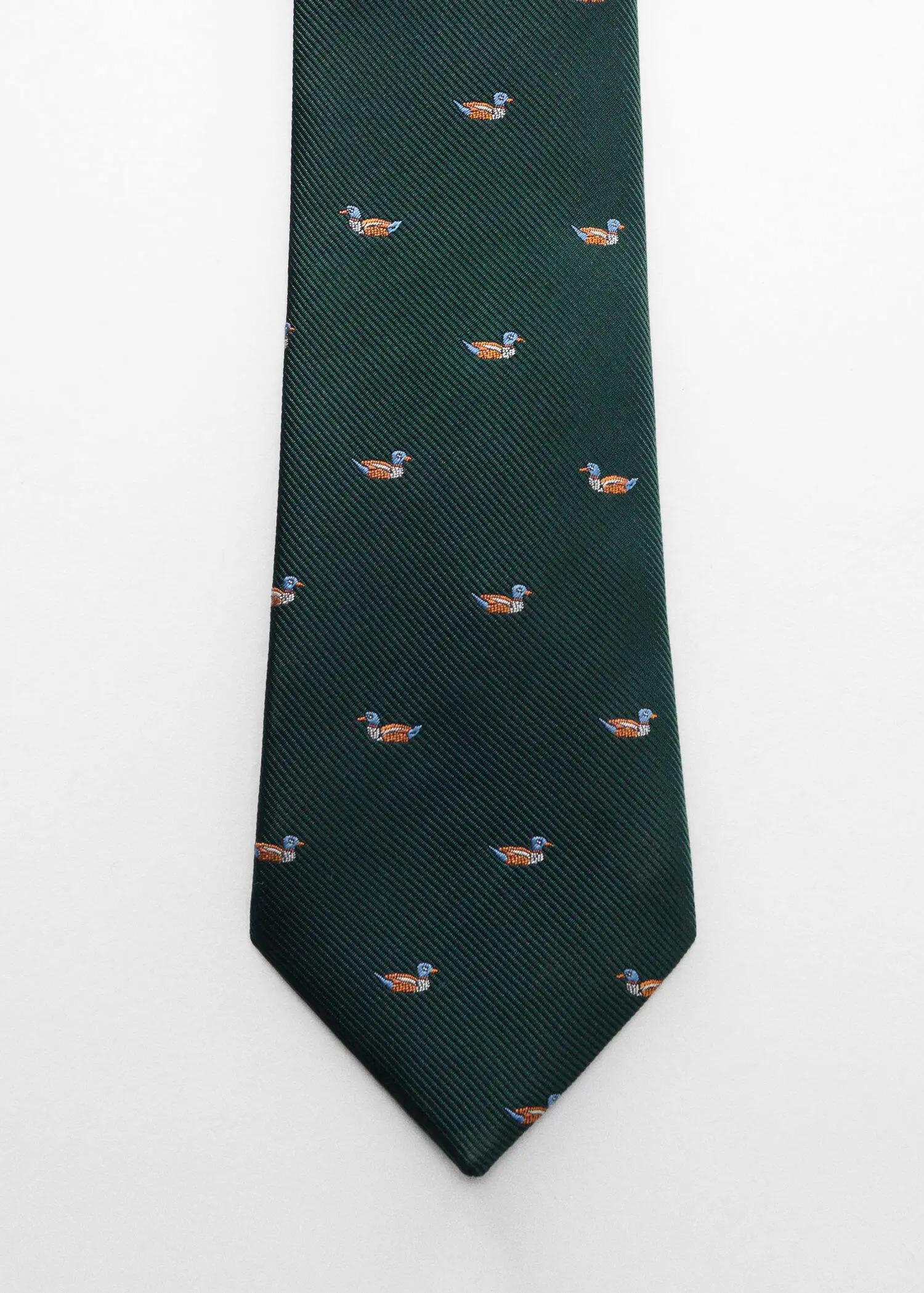Mango Floral print tie. a green neck tie with ducks on it. 