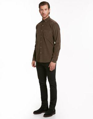 Kahverengi Comfort Fit Uzun Kol %100Pamuk Düz Klasik Gömlek