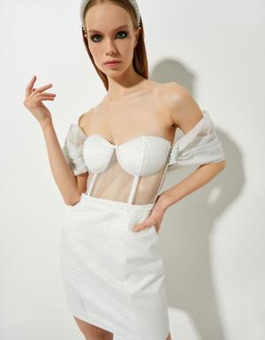 Bridal Mini Elbise Omzu Açık Transparan Detaylı