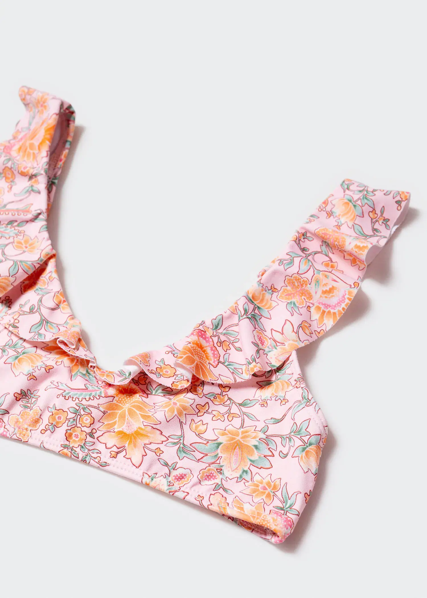 Mango KIDS/ Floral print bikini. a close-up of a pink and yellow floral print bra. 