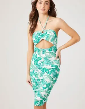 Forever 21 Tropical Print Cutout Halter Dress Green/Multi