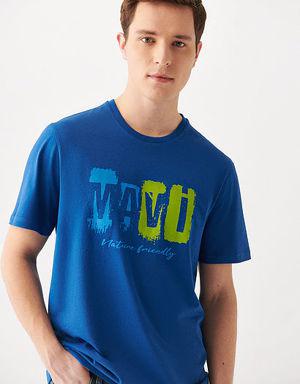 Logo Baskılı Mavi Tişört