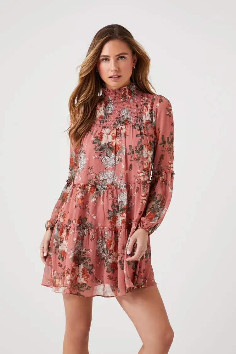 Forever 21 Forever 21 Floral Mock Neck Tiered Mini Dress Pink/Multi. 1 Forever 21 Forever 21 Floral Mock Neck Tiered Mini Dress Pink/Multi. 1