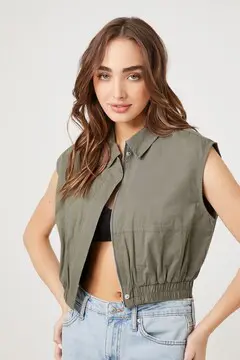 Forever 21 Forever 21 Twill Zip Up Cropped Vest Olive. 2